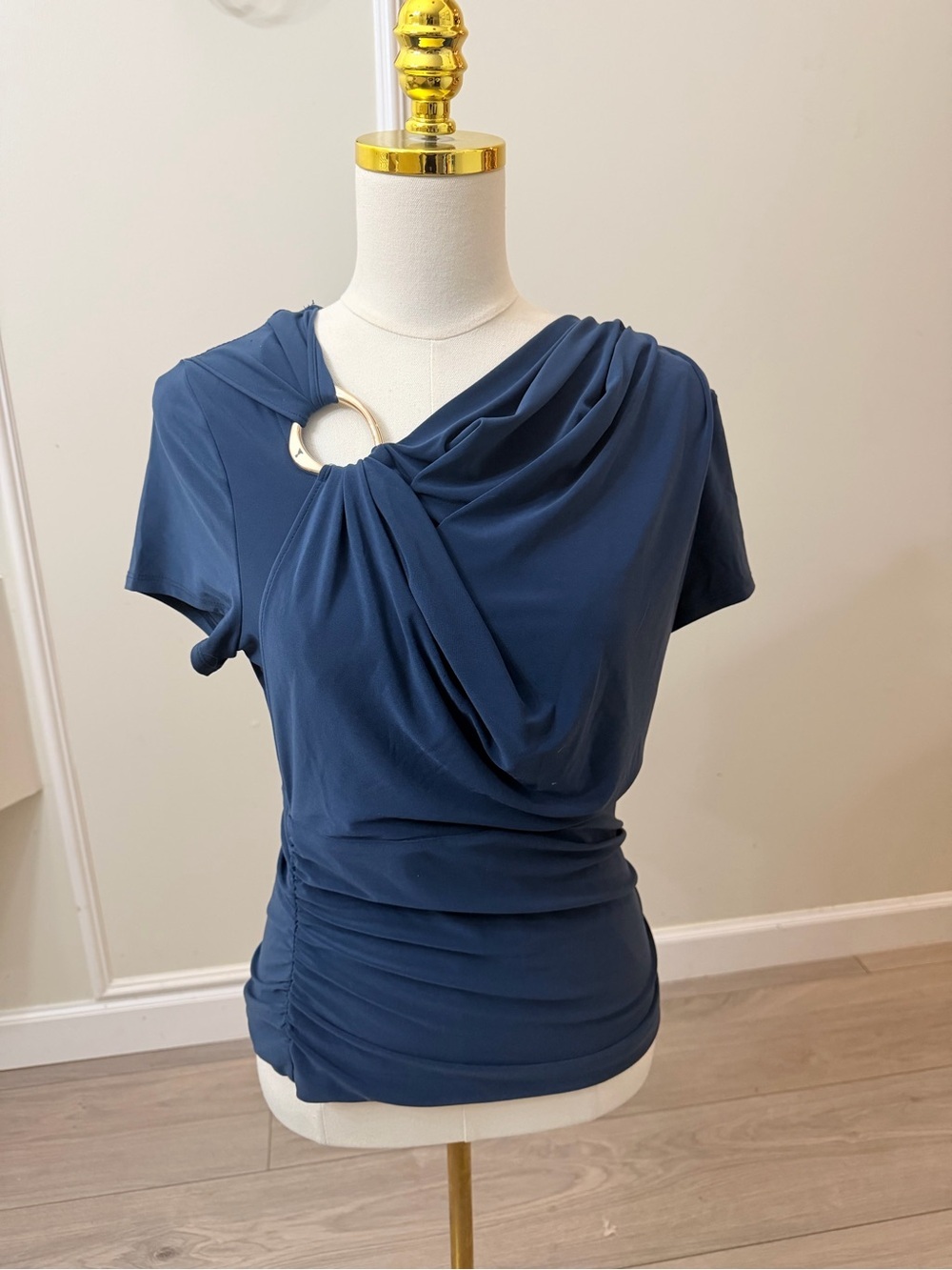 White House Black Market Navy Short-Sleeve Draped Top with Ring Accent - Picture 2 of 6